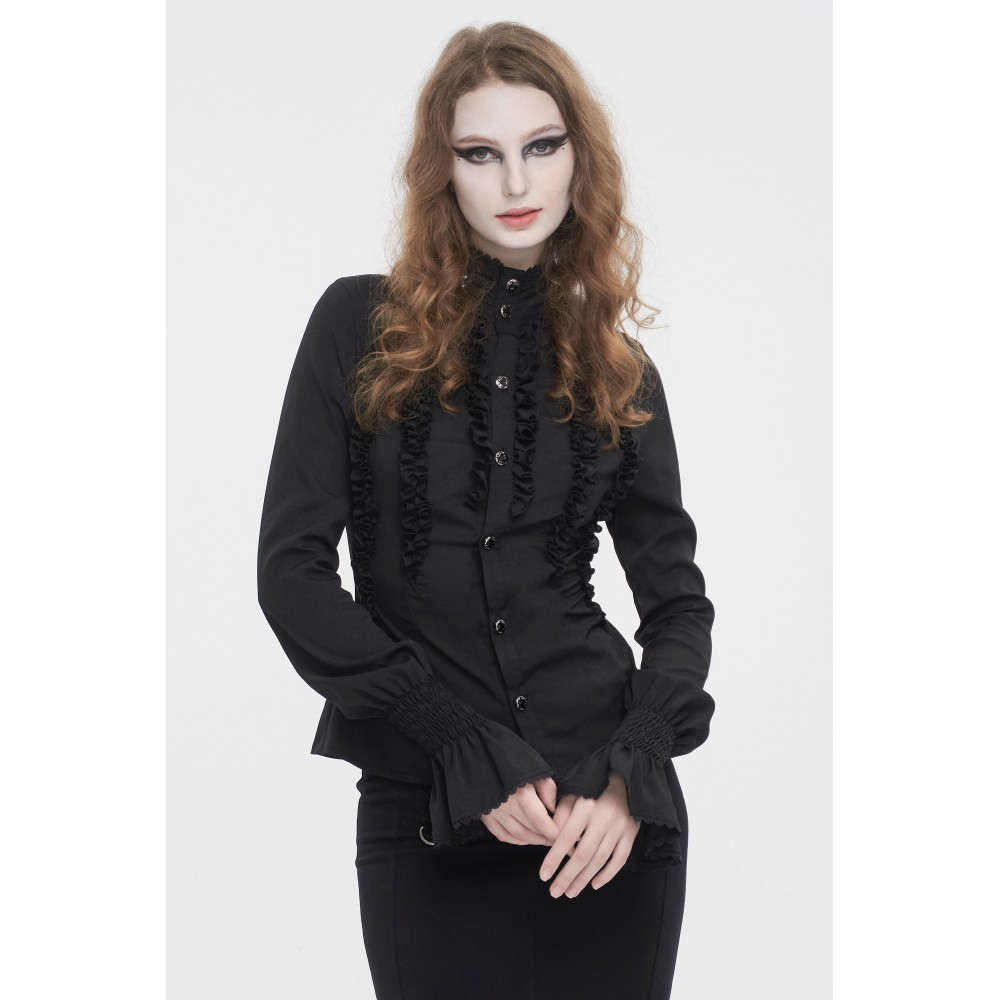 Devil Fashion - black chiffon smocked lace stand collar women's shirt Blouse - Zwart
